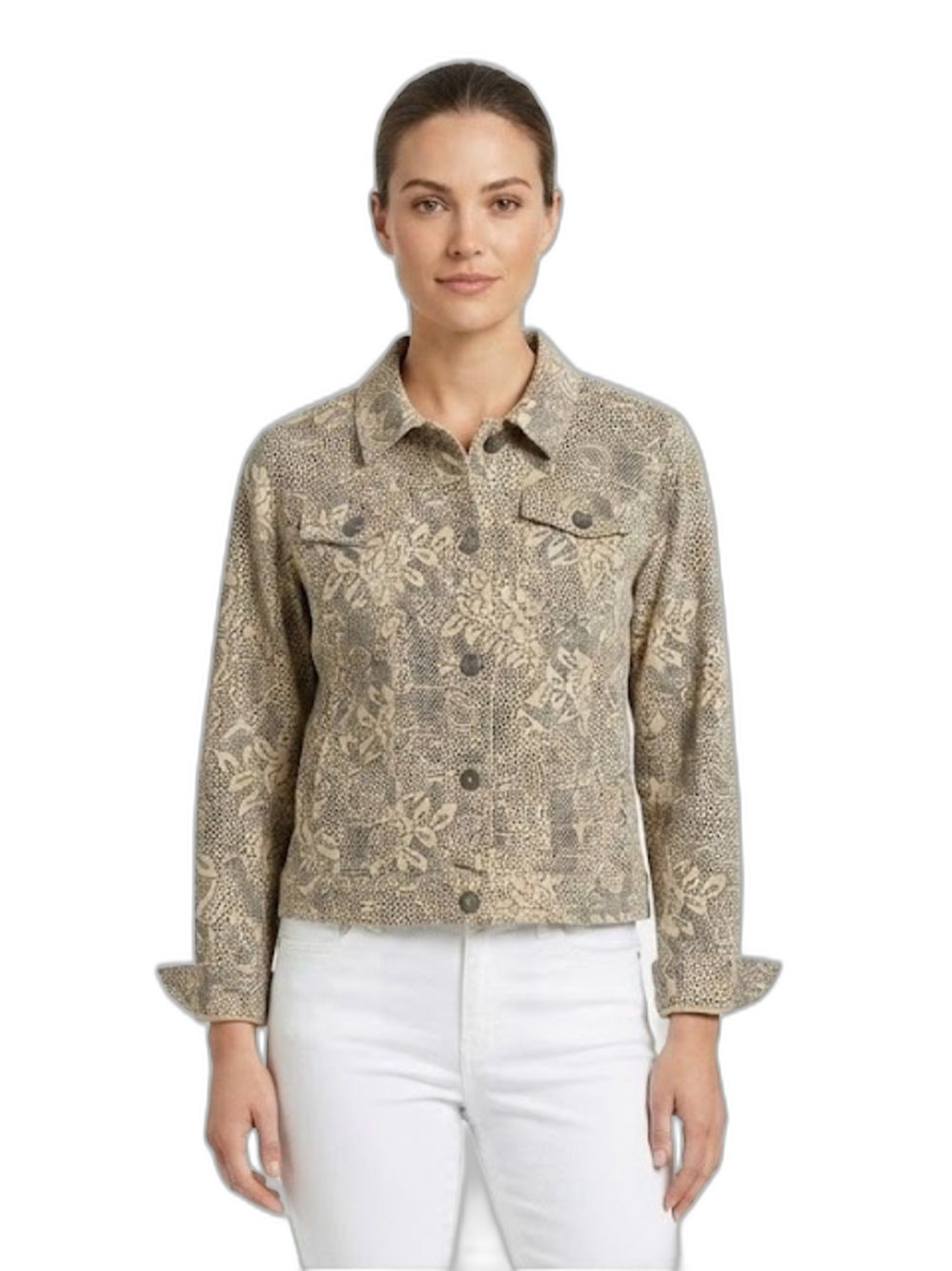 Christopher & Banks Beige and Gray Printed Button-Front Jacket. Size L - Picture 3 of 7